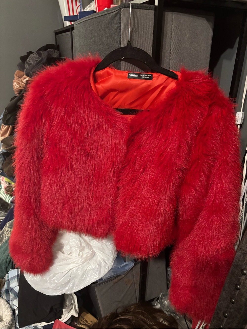 SHEIN Vibrant Red Faux Fur Cropped Jacket Large